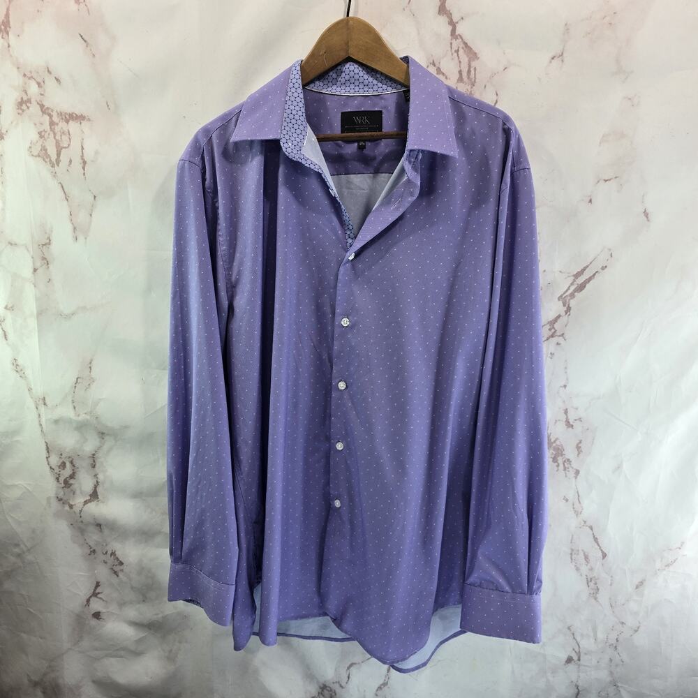 WRK Shirt Mens XL 17.5 Purple Button Up Polka Dot Long Sleeve Performance 4 Way
